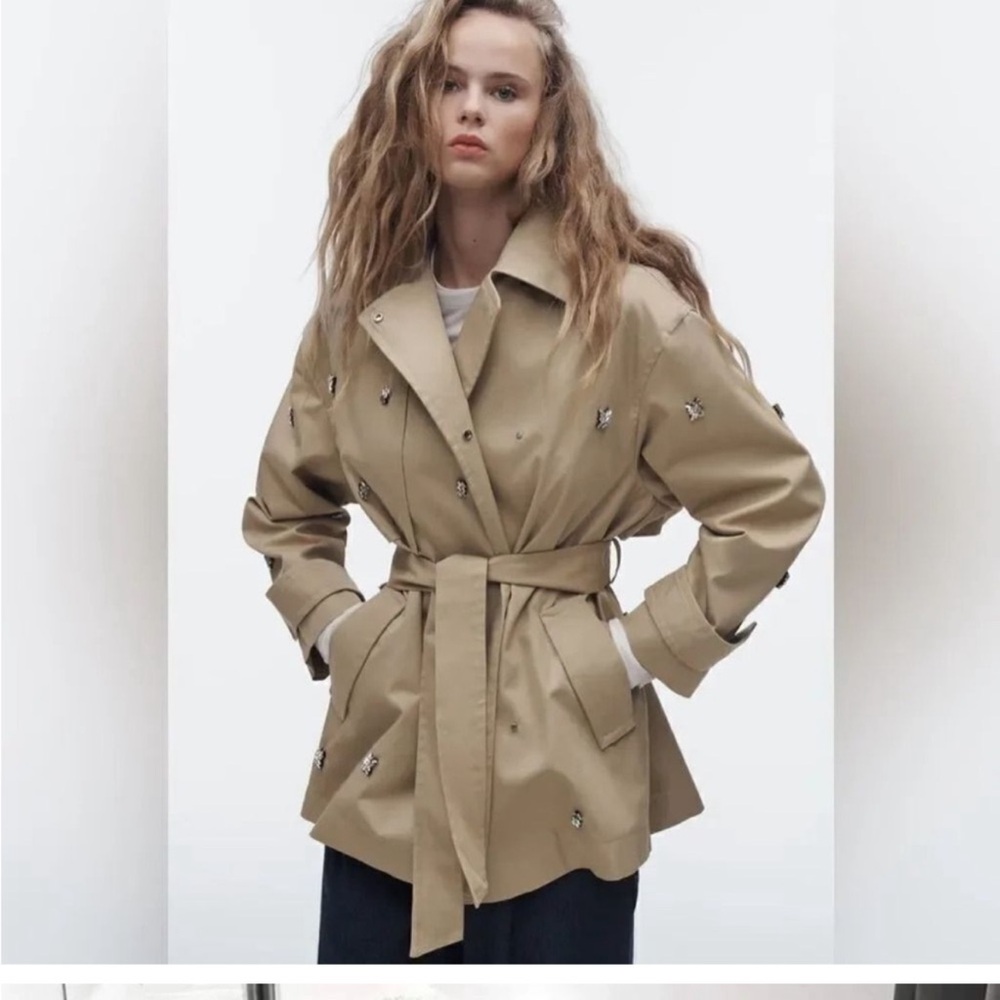 Zara Trench Coat with Rhinestone Appliqués